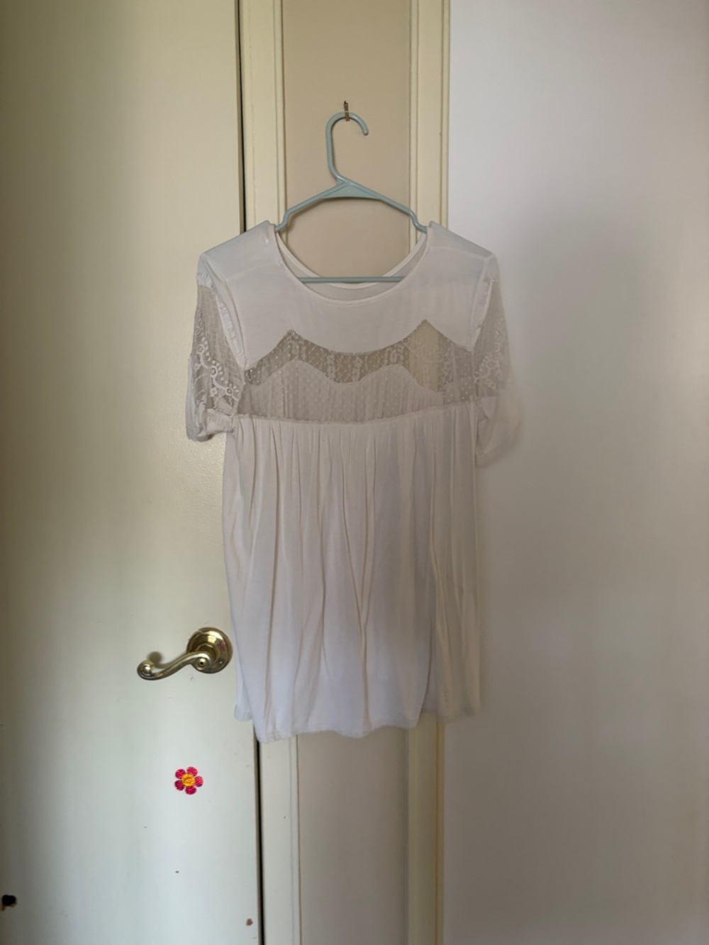 POL White Lace Yoke Short Sleeve Blouse